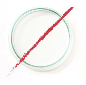 A petri dish with a large red slash through it.