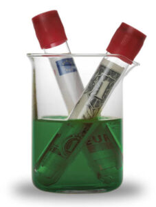 Two sealed vials filled with cash sit in a beaker filled with green liquid.