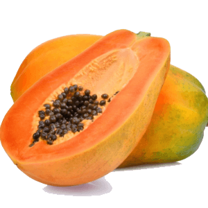 A halved papaya leans against a whole papaya.