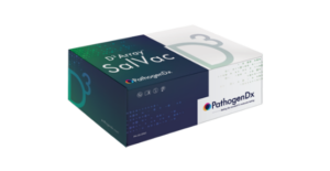 Saliva test kit box labeled '3 Day Saliva' with PathogenDx branding and a blue-green gradient design