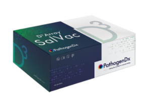 Packaging box for PathogenDx Array Saliva diagnostic kit, dark blue gradient with logo on white panel