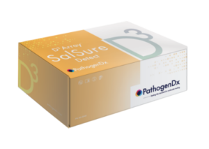 Orange and white PathogenDx diagnostic kit box with logo, shown at an angle.